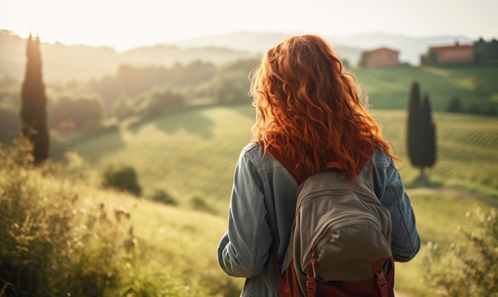 Blick von hinten auf eine Frau. Im Hintergrund ist eine hügelige, grüne Landschaft.